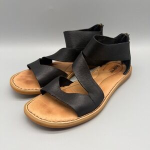 Born Womens Black Leather Asymmetric Strap Rear Zip Flat Sandals Size 9M